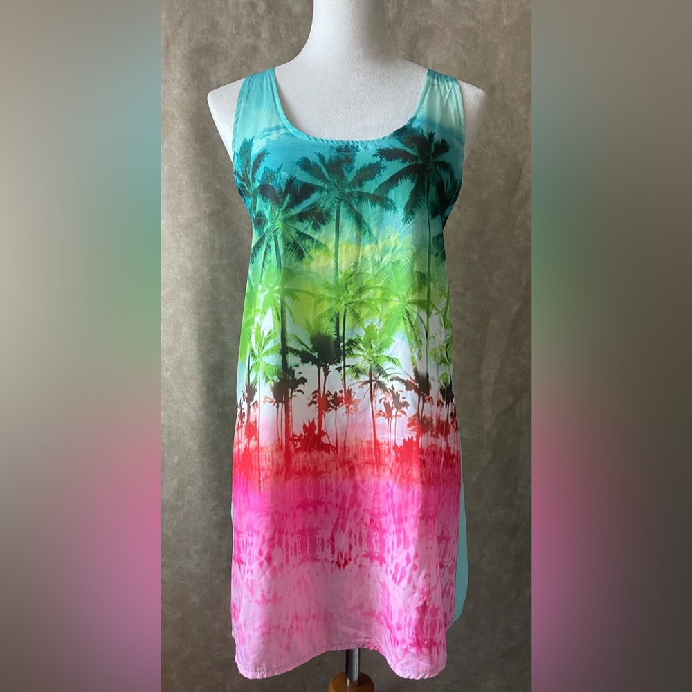 Tropical Palm Print Sundress Beach Cover Up Colorful Summer Dress Size S